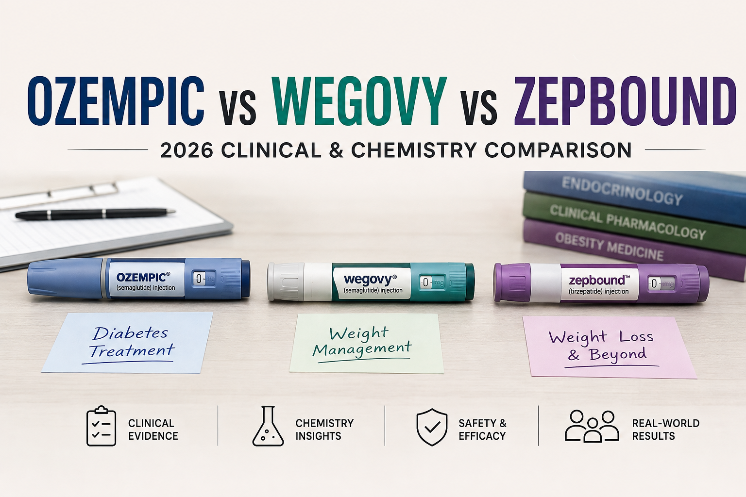 Ozempic vs Wegovy vs Zepbound 2026 clinical and chemistry comparison